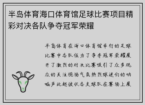半岛体育海口体育馆足球比赛项目精彩对决各队争夺冠军荣耀
